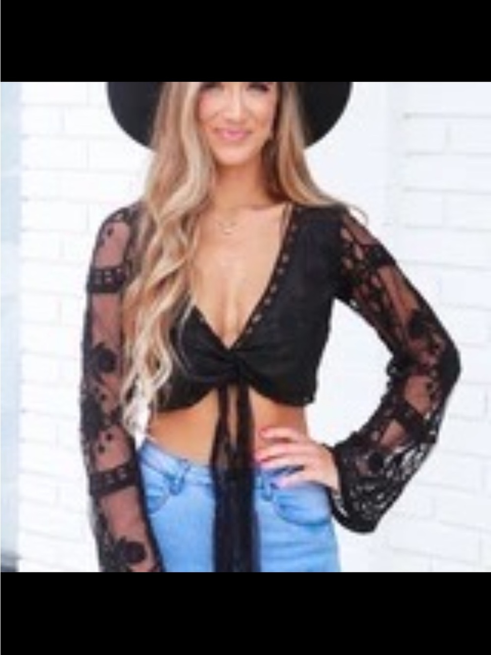 FAVLUX Black Lace Tie-Front Crop Top with Sheer Sleeves